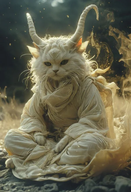 Capturing serenity amidst boundless solitude: a powerful image of a fluffy hkmagic ninja cat with horned devil mask, draped in flowing feudal garb, large sedge-hat, meditating in lotus position upon an endless, sunless expanse. As she hovers, an aura emanates from her, growing in intensity as it extends beyond her Till it explodes in the far, reminiscent of expanding ripples of sound. The neon hues of her aura paint the air, a vivid testament to her inner strength and focus.
creating a surreal normal scene with translucent white and beige-blue details, colorful (polaroid:0.7) with vibrant colors, (vacations, high resolution:1.3), (small, selective focus, european film:1.2), closeup