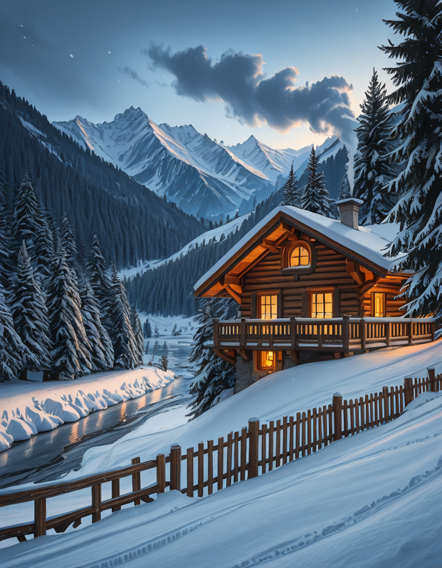 A stunning winter scene in the Tyrol region of Austria. A charming wooden chalet with traditional alpine architecture stands on a gentle snow-covered slope, surrounded by dense evergreen forests blanketed in fresh snow. The chaletâs warm interior lights glow softly through its large windows, creating a cozy contrast against the cool twilight hues of the sky. A plume of smoke drifts from the chimney, hinting at a roaring fireplace inside. In the foreground, a small wooden fence is partially buried under the snow, while a frozen river winds through the valley, reflecting the moonlight. Towering, snow-capped peaks of the Austrian Alps dominate the background, adding a breathtaking sense of grandeur. Snowflakes gently fall, adding movement and depth to the peaceful, picturesque scene. The image is hyper-realistic, capturing the intricate textures of the wood, snow, and ice, with cinematic lighting that highlights the magical winter ambiance.
<lora:SDXLFaeTastic2400:0.4> <lora:extremely_detailed:0.4> extremely detailed,winter scene in the Tyr0l, <lora:winter_scene_in_the_Tyr0l-i:1>, Masterpiece,best quality,hi res,8k,hi res,8k,award winning,(sharp focus, intricate, highly detailed),