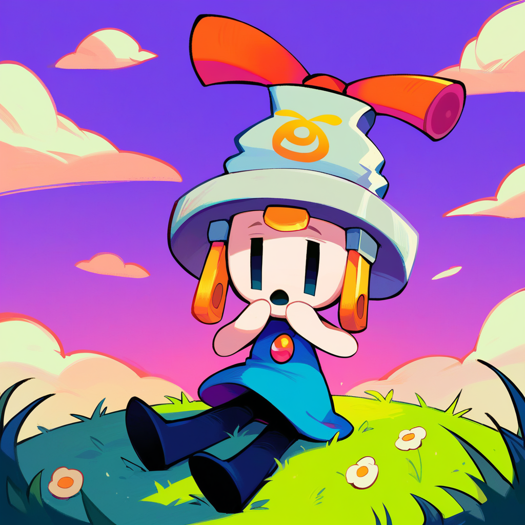 zPDXL2, score_9_up, score_8_up, score_7_up, 2d, rating_safe, blue background, clouds, grass <lora:PDXL_Connie_ML:1>, 1girl, solo, connie_\(m&l\), grey skin, simple eyes, empty eyes, plug, socket, blue dress, bare shoulders, black leggings, hands on mouth, looking at viewer