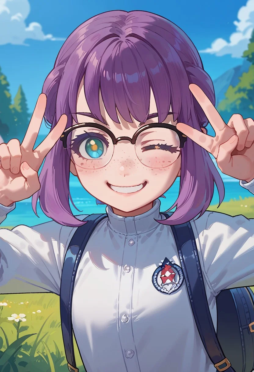 facial expression, score_7_up, score_8_up,score_9, red_osp shinycatherine, 1girl, blue eyes with yellow pupils, purple hair, bangs, romantic tuck hairstyle, freckles, glasses, white tracksuit, backpack, full torso, peace, happy, winking, smiling, facing viewer