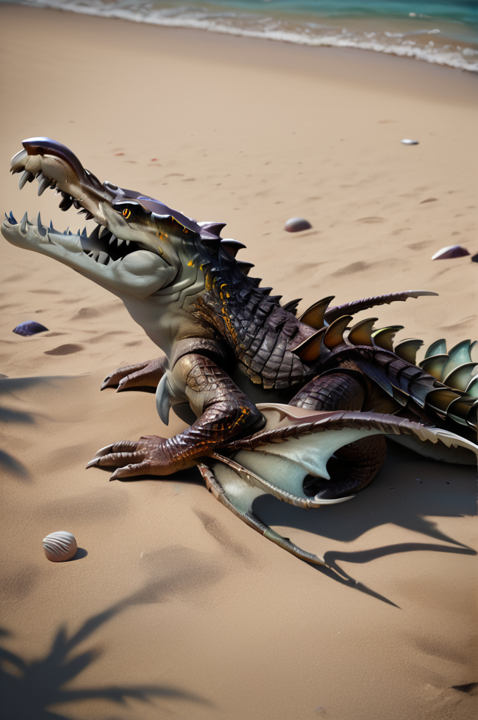 source_furry, score_9, score_8_up, score_7_up, (sahagin_xv, gator, monster), scalie, detailed scales, yellow eyes, detailed eyes, sharp teeth, elbow fins, claws, tail, <lora:FF_SahaginPony03:0.8>, outdoors, beach, full body, all-fours, lying on stomach, open mouth, side view, zPDXL2, zPDXLpg, zPDXLrl, shaded, best quality, highly detailed, extreme detail, photorealistic