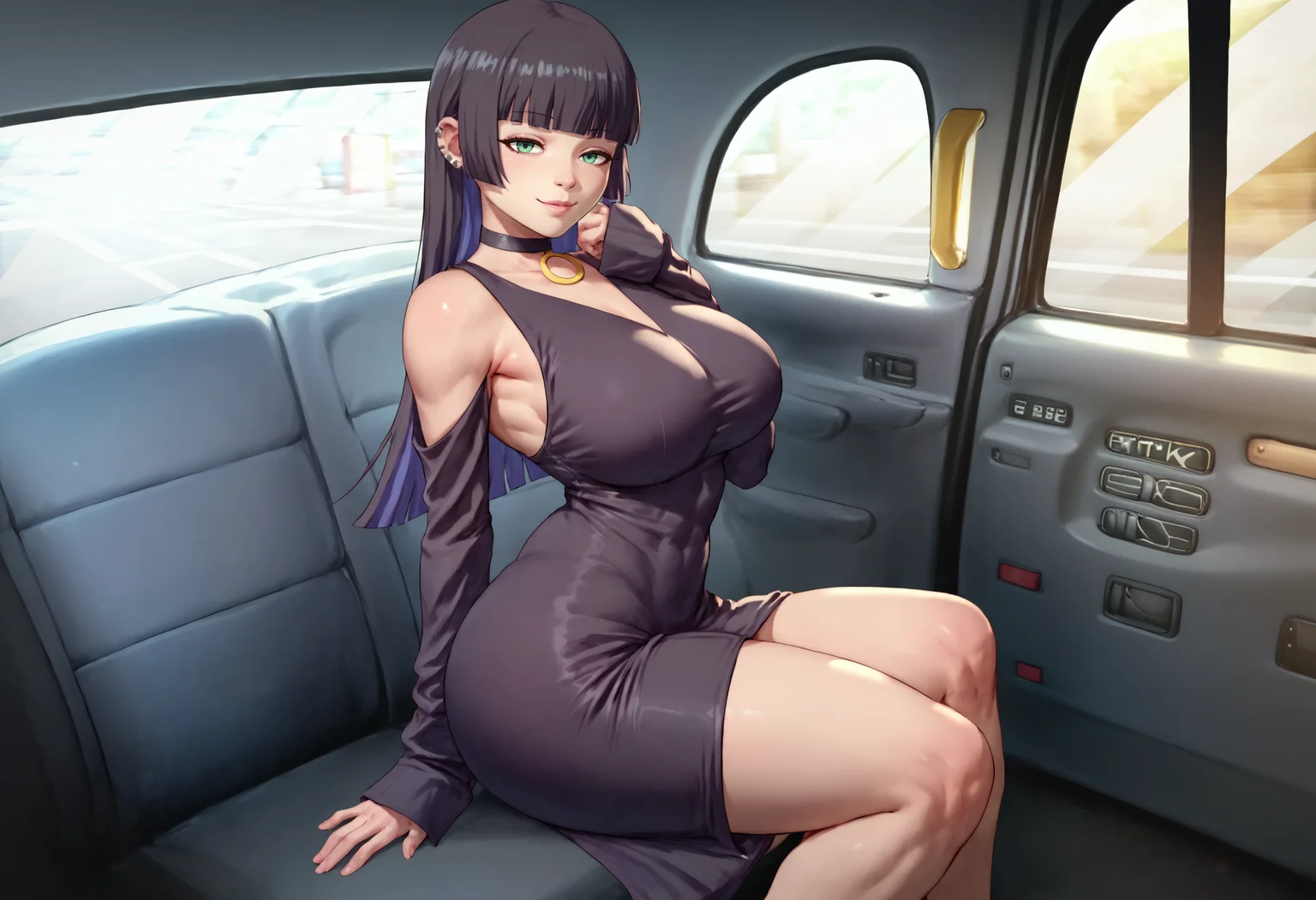 score_9, score_8_up, score_7_up, detailed, <lora:FakeTaxiMeme_XLPD:0.7>, fake taxi, car interior, sitting, ground vehicle, <lora:Hoseki_BTR_Pasan_PDXL_v1:1> pasan, large breasts, ear piercing, chin piercing, hime cut, choker, black dress, shoulder cutout, sleeves past fingers, seductive smile, leaning back, ass,