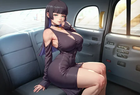 score_9, score_8_up, score_7_up, detailed, <lora:FakeTaxiMeme_XLPD:0.7>, fake taxi, car interior, sitting, ground vehicle, <lora:Hoseki_BTR_Pasan_PDXL_v1:1> pasan, large breasts, ear piercing, chin piercing, hime cut, choker, black dress, shoulder cutout, sleeves past fingers, seductive smile, leaning back, ass,