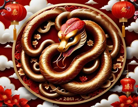Imagine a dynamic logo for the Chinese New Year, representing the Year of the Snake. At the center, a stylized, sinuous snake in intertwined red and gold scales symbolizes luck and prosperity. The snake forms a circle, creating a sense of harmony and continuity. In the background, patterns of clouds and festive lanterns add a touch of Chinese tradition. At the bottom, in calligraphic characters, the inscription "Year of the Snake" in gold illuminates the logo. This design evokes both the wisdom and energy of the magnificent year ahead, inviting everyone to celebrate with joy and hope