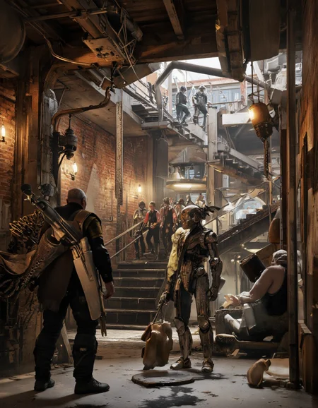 By Brandon Le. A photo-realistic shoot from a low-angle perspective about a futuristic, sci-fi environment with a humanoid robot in the foreground. the scene is set in a dilapidated, industrial environment with exposed brick walls, wooden beams, and machinery hanging from the ceiling. on the left side of the image, a man with a long, slender physique and a large, reptilian-like appendage stands facing away from the viewer, wearing a black outfit and holding a weapon. he appears to be in his mid-twenties, with a serious expression. in the background, a group of people can be seen walking along a set of stairs, some of them carrying bags, while others are standing on the stairs. the overall atmosphere is one of intense action and drama, with the warm and soft lighting casting a gentle glow on the scene.