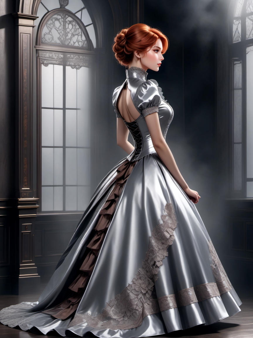 breathtaking a beautiful woman wearing a True Silver victorian dress Flexing in Silent Hill, <lora:xl_n15g_aio_clothing-2.0:0.8>, realistic, vibrant, vivid, [full body],
Tracking Shot, from side, [full body],
stupid,
Pompadour,
Backless Dress,
Copper hair, . award-winning, professional, highly detailed
