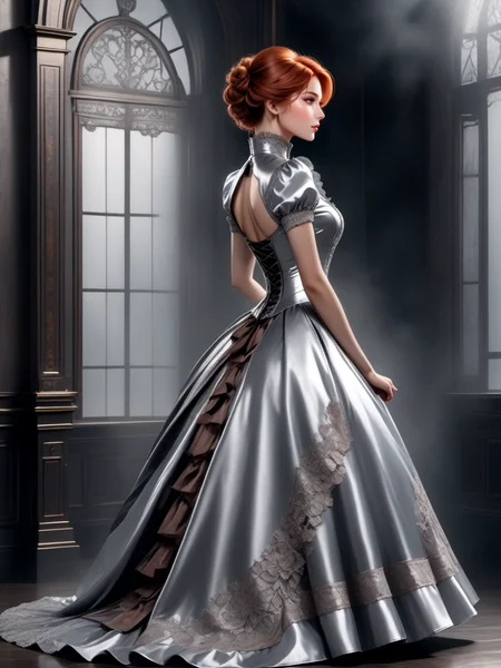 breathtaking a beautiful woman wearing a True Silver victorian dress Flexing in Silent Hill, <lora:xl_n15g_aio_clothing-2.0:0.8>, realistic, vibrant, vivid, [full body],
Tracking Shot, from side, [full body],
stupid,
Pompadour,
Backless Dress,
Copper hair, . award-winning, professional, highly detailed