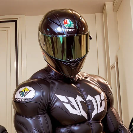 indoors, male, motorcycle helmet, muscular, bodysuit, close up, perfect anatomy, masterpiece, perfect quality, best quality, detailed, newest, very aesthetic