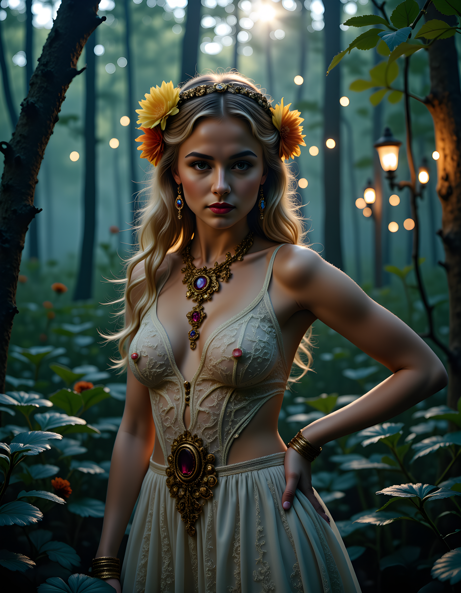 In a dimly lit, mystical forest clearing bathed in the ethereal glow of the moon and fireflies, Adelise Verogandh stands, her eyes gleaming with an enigmatic allure as they lock onto the viewer's gaze. Dressed in a one-of-a-kind, intricately designed outfit that blends shimmering silver threads, delicate lace, and vibrant gemstones into an otherworldly ensemble, she wears a necklace that cascades down her chest like a waterfall of golden coins, accentuating the subtle curves of her breasts. Her long, flowing hair is adorned with twinkling flowers, which catch the light as they sway gently in the breeze. The camera focuses on her lips, painted a deep crimson and parted slightly to reveal a hint of her fiery spirit. With one hand resting casually on her hip, she exudes an air of confidence and sensuality that commands attention, while the soft focus background reveals the dense foliage of the forest, creating a mesmerizing, almost dreamlike atmosphere.