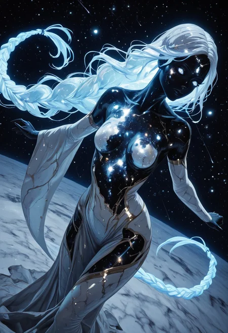 highres, very detailed, amazing quality, masterpiece,
very aesthetic, sp4ce-g0dd3ss
particle effect,
1girl, solo, beautiful eyes, goddess, goddes of constellations, black skin, sparkly skin, glitter on skin, iridescent hair, glowing hair, very long braids, strong face, solo, eyes with galaxies, cosmos eyes, Covered in Tattoos, geometric tattoos, white tattoos, small breasts, curvy, grey robe with pearlescent trim, 
BREAK, 
greek theme, goddess theme, universe theme, 
dancing, ballett pose, dynamic pose,
foreshortening, dutch angle,
loving, content, tender, 
in cosmos, universe, endless stars around her, galaxies, comets, nebulae