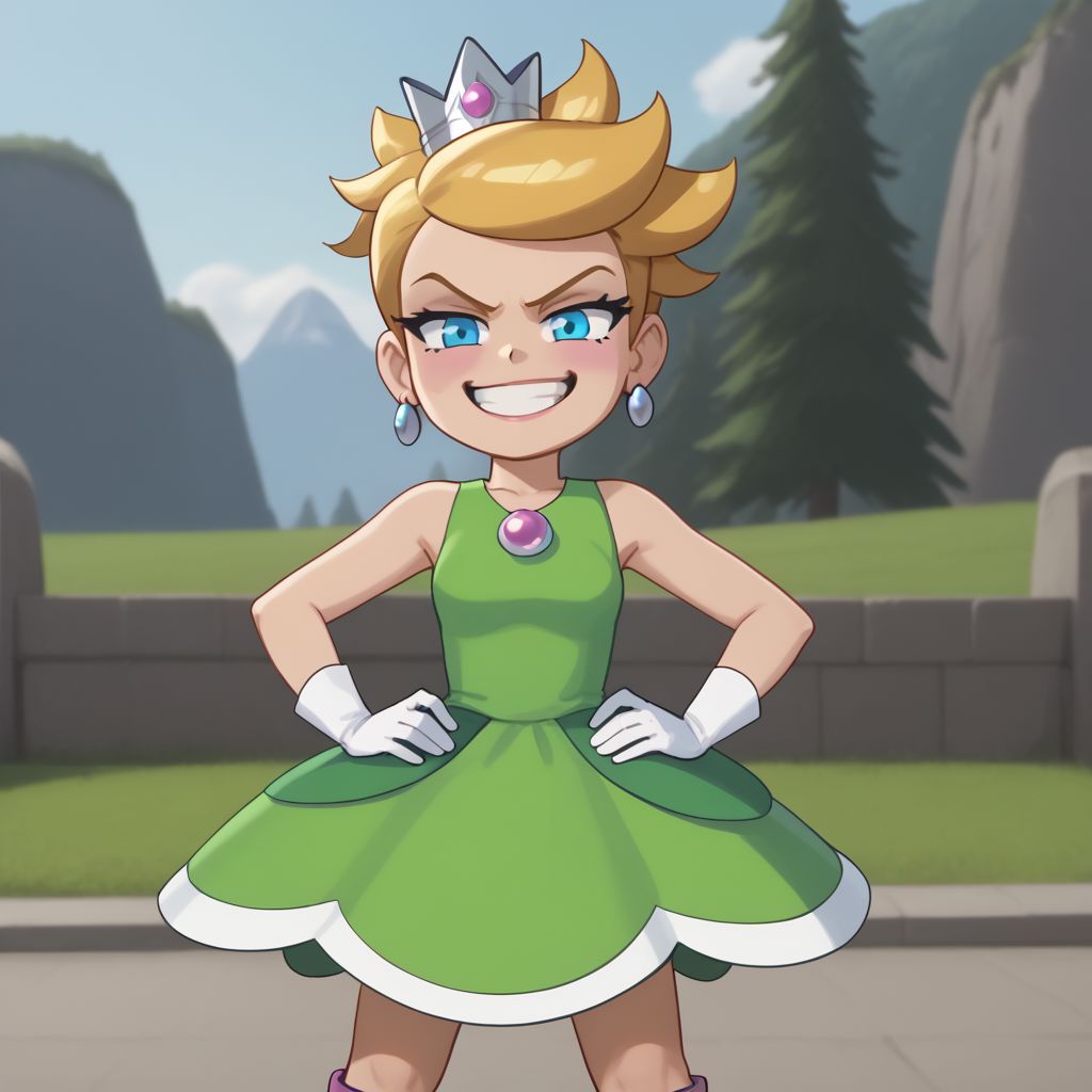 score_9, score_8, score_9, BREAK,, solo, princess charm, blond hair, blue eyes, crown, dress, gloves, earrings, smug, smirk, hands on hips, outdoors,