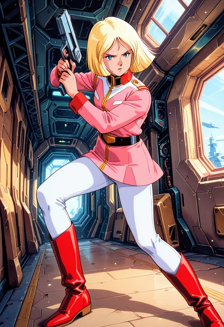 masterpiece, best quality, 32k, high resolution, absurdres , (anime coloring:0.7) ,retro artstyle, 1990s
1girl, solo, saylamass79, blonde hair
pink military uniform, white pants, red boots
dynamic pose, standing, holding gun, shooting, angry, futch angle, fighting stance, dynamic perspective
indoors, spacecraft, science fiction, retro artstyle, flashing displays, switches
motion lines, from both sides, light particles, dynamic angle,  cinematic angle, various angles, detailed background, beautiful background, (rays light:1.0),(grow:1.0) vivid colors, shiny and glossy, anime style, high-res, beautiful aesthetic, very intricate, high-quality details, vibrant, 
<lora:add-detail-xl:1.10> <lora:spo_sdxl_10ep_4k-data_lora_webui:0.95> <lora:noobai_ep11_stabilizer_v0.138_fp16:0.6> <lora:StS-Illustrious-Detail-Slider-v1.0:1.10> <lora:cfg_scale_boost:0.95> <lora:nyalia:0.20> <lora:SaylaMassTrainingIL_v1.0:1>
