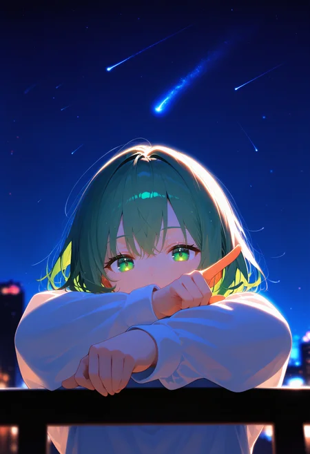 <lora:EtherPDXLStyleXL:1>, best quality, masterpiece, EtherPDXLStyle, 1girl, night sky, shooting star, green hair, green eyes, looking at viewer, blurry background, index finger raised, against railing, star (sky), meteor shower, outdoors, city lights, long sleeves, starry sky, white shirt, depth of field, upper body, short hair, covered mouth, pointing up, backlighting