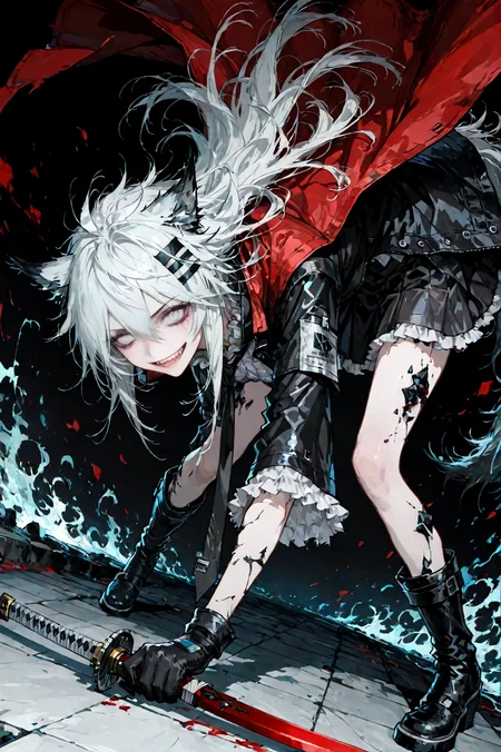 score_9, score_8_up, score_7_up, 1girl, solo, ultra detailed, amazing quality, best quality, lappland (arknights), dynamic angle, dynamic pose, long hair, white hair, wolf ears, crazy smile, sharp teeth, black coat, white frilled shirt, black necktie, black gloves, black skirt, red cape, black knee boots, holding weapon, katana, dark background, <lora:add_detail:1> <lora:Expressive_H:1>