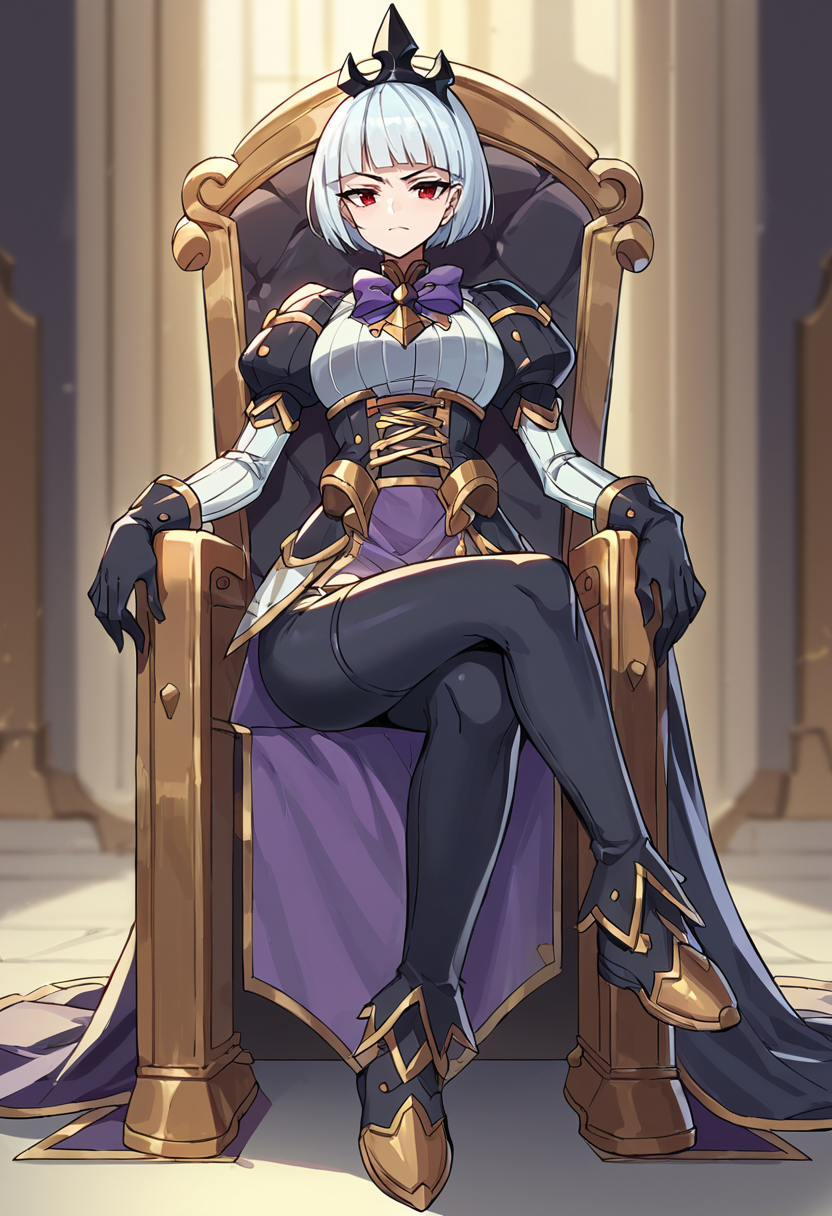 score_9, score_8_up, score_7_up, source_anime BREAK  Orphea, tiara, white hair, short hair, red eyes, gown, puffy sleeves, leggings, black gloves, purple bow, sitting on throne, golden boots, legs crossed  <lora:OrpheaPonyXLP-000033:1>