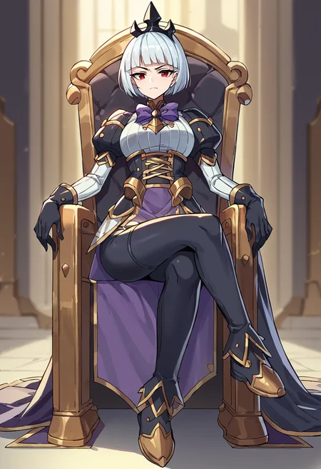 score_9, score_8_up, score_7_up, source_anime BREAK  Orphea, tiara, white hair, short hair, red eyes, gown, puffy sleeves, leggings, black gloves, purple bow, sitting on throne, golden boots, legs crossed  <lora:OrpheaPonyXLP-000033:1>