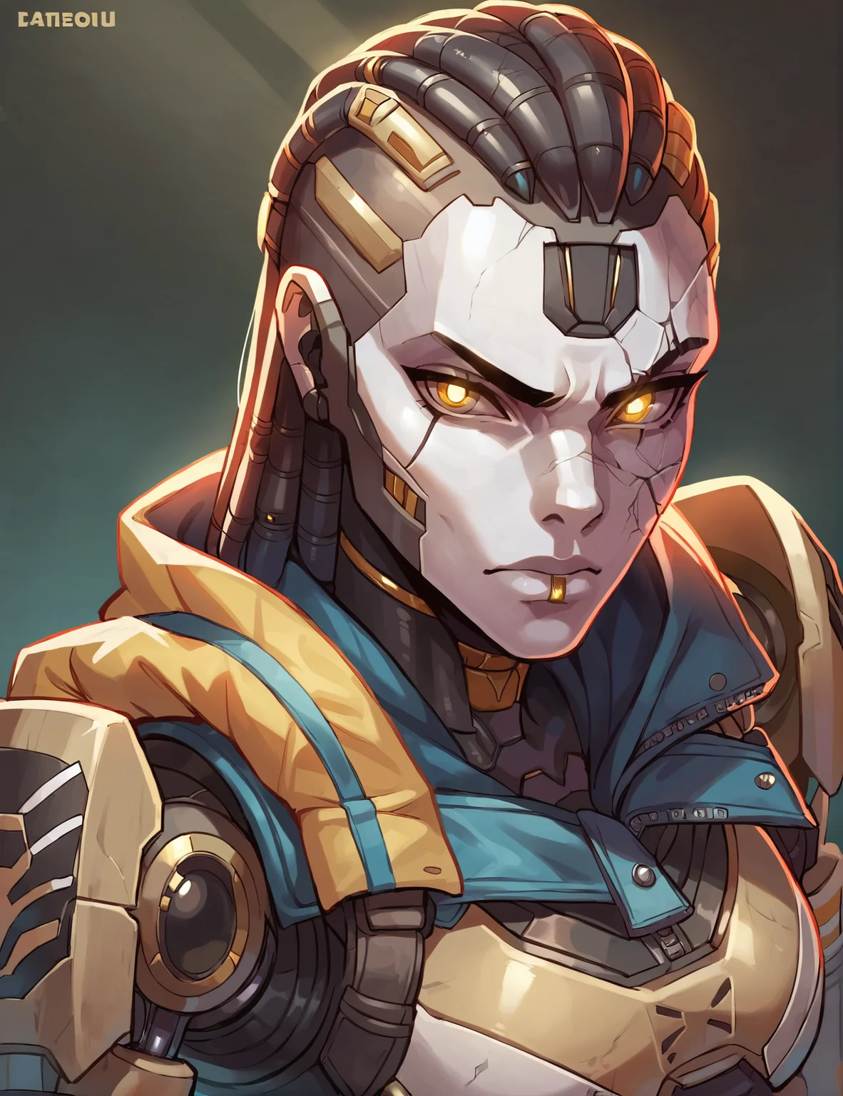without eyebrows,emotionless,girl,looking at viewer,cartoon_source,score_9, score_8_up, score_7_up, <lora:AshPony:0.7> ase1, 1girl,( without eyebrows:1.4), robot, white cracked (mask:1.3), yellow glowing eyes, collar, yellow led on the lower lip, synthetic hair, without facial hair