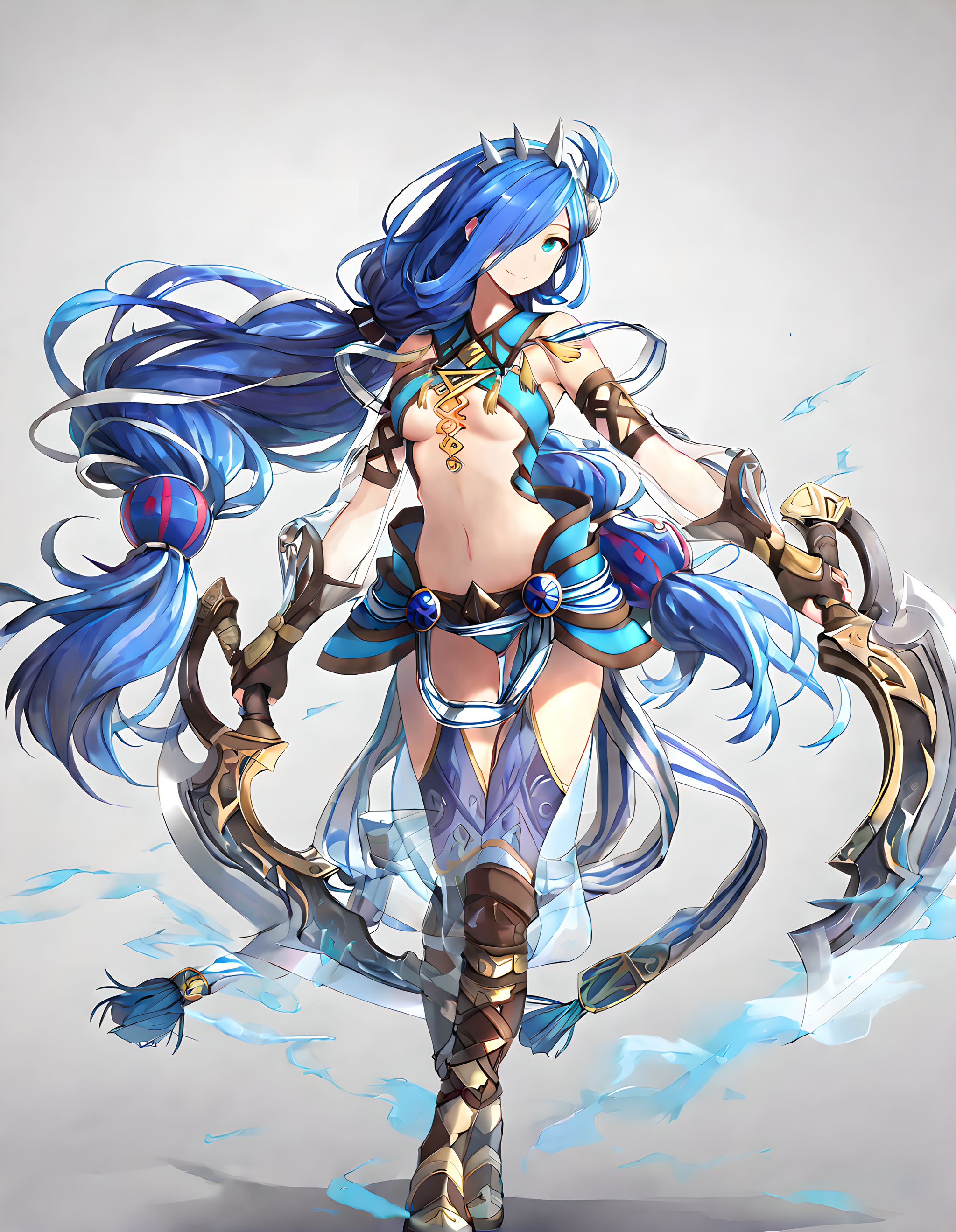 <lora:illustrious_XL_dana_v2:0.8>,dana,masterpiece,best quality,good quality,1girl,solo,hair over one eye,midriff,navel,transparent sleeve,fingerless gloves,transparent legwear,boots,holding weapon,curved blade,dual wielding,smile,standing,white_background,full body,