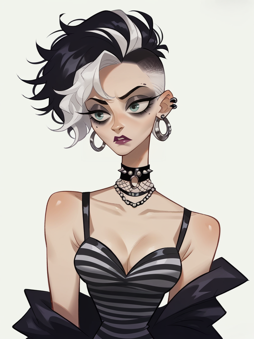 score_9, score_8_up, score_7_up, score_6_up, score_5_up, <lora:kangyannanXLP:0.8> kangyannan, white background, 1girl, evening gown, black hair, white hair, punk, striped, zeebra