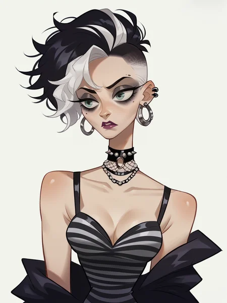 score_9, score_8_up, score_7_up, score_6_up, score_5_up, <lora:kangyannanXLP:0.8> kangyannan, white background, 1girl, evening gown, black hair, white hair, punk, striped, zeebra