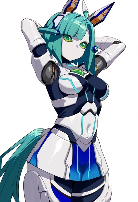score_9, score_8_up, score_7_up, score_6_up, source_anime, anime screencap, uncensored , <lora:MechaMusumeST2:1>mechamusume, 1girl, green eyes, robot, android, mechanical ears, breasts, animal ears, green hair, blue hair, no mouth, humanoid robot, tail, bangs, robot joints, horse ears standing thick thighs,  looking at viewer,  solo, horse tail,  arms behind head, from side, looking at viewer, simple background,  white background,