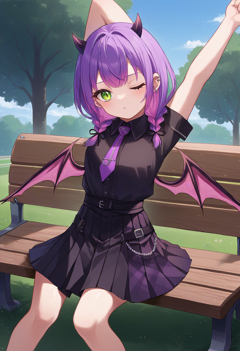 score_9, score_6_up, source_anime, 1girl, solo, park, grass tree, bench, sitting, stretching, one eye closed, towa_school, low twin braids, black shirt, black skirt, pleated skirt, collared shirt, purple necktie, demon horns, demon wings, ear piercing <lora:towaXL:1>