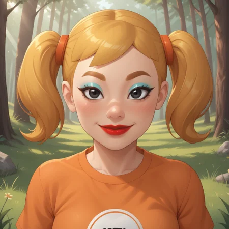 score_9, score_8, BREAK, solo, mii, wii, wii sports, 1girl, female mii, cute, attractive, blonde hair, twintails, dark blonde eyebrows, makeup, blush, blue eyeshadow, red lips, lipstick, orange clothing, white pants, breasts, Nintendo Mii, modern_mii, classic_mii, Midoriya_(OC_Mii), black eyes sexy pose, smile, outdoors, sunlight, shadows, evening lighting, natural lighting, forest, trees, grass, orange sky, sunset