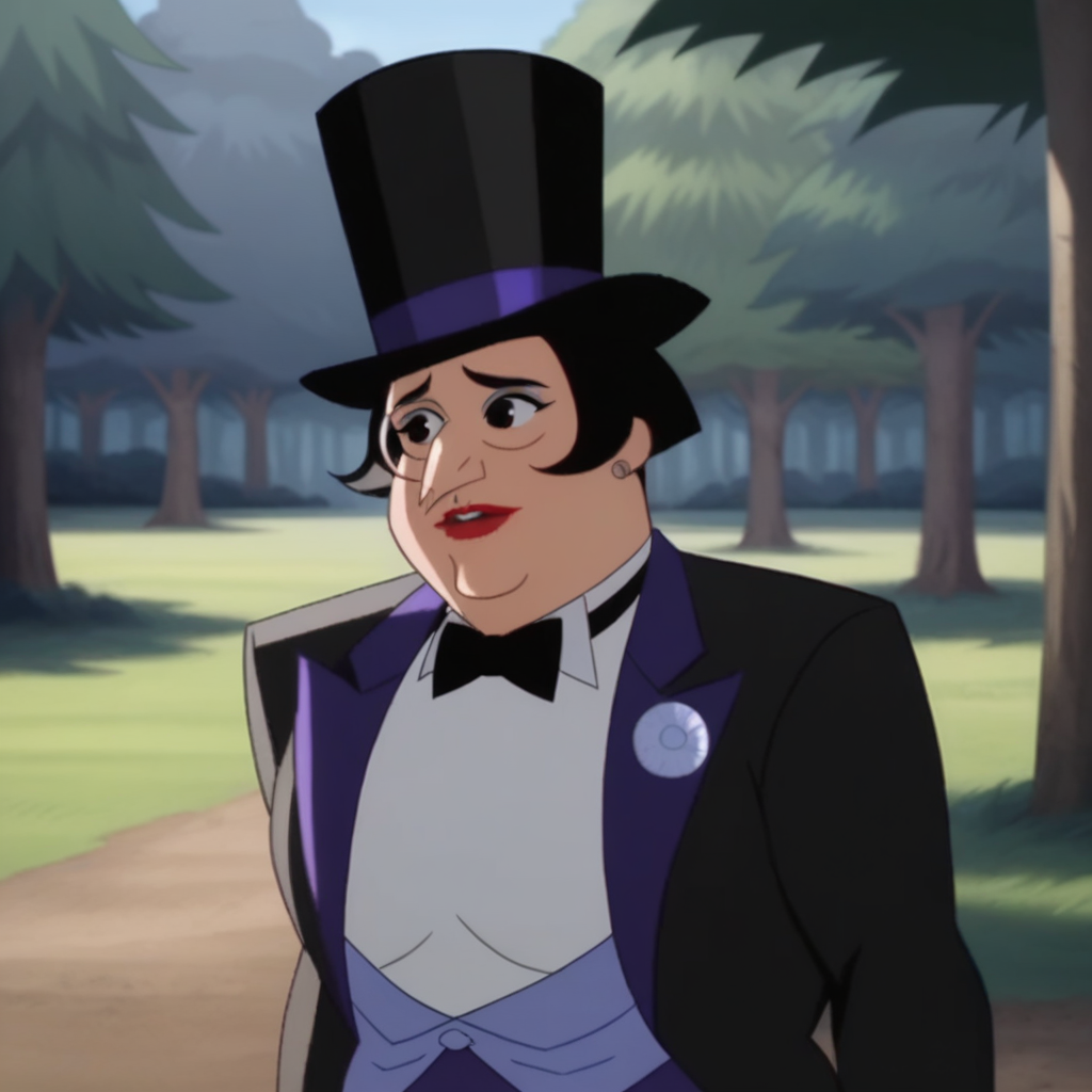 score_7_up, BREAK, 1girl, solo, oswaldacobblepot, black hair, short hair, black eyes, top hat, white shirt, black suit, bowtie, upper body, arms at sides, outdoors, forest, <lora:OswaldaCobblepot_PXL_Leaf1:1>