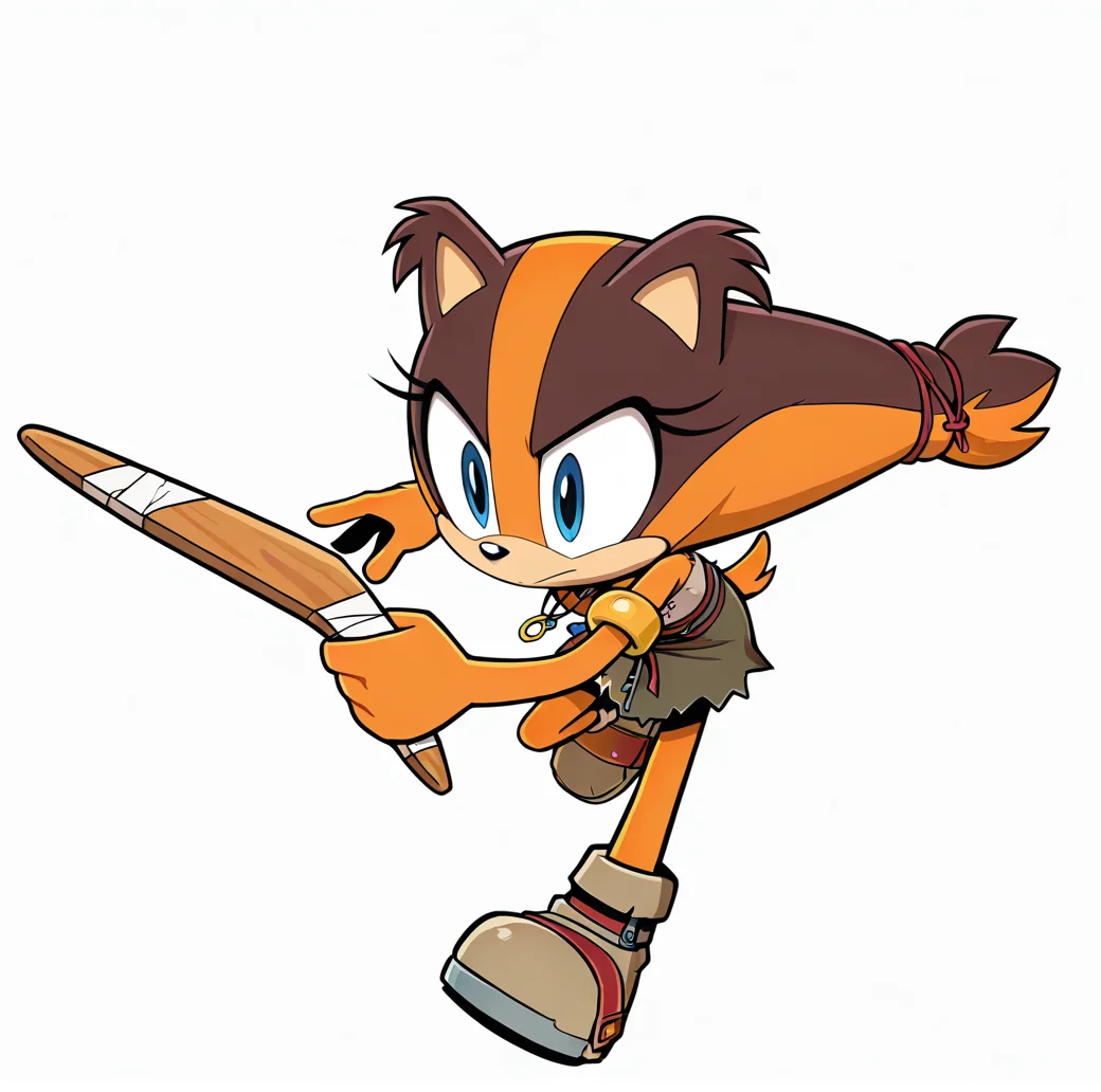 <lora:stickbadger_illustrious:1>, (masterpiece), (best quality), (ultra-detailed), amazing quality, very aesthetic, illustration, perfect composition, intricate details, absurdres, incredibly absurdres, sticks the badger, 1girl, solo, simple background, white background, holding boomerang, animal ears, closed mouth, tail, full body, eyelashes, furry, running, body fur, furry female, orange fur, two-tone fur, blue eyes