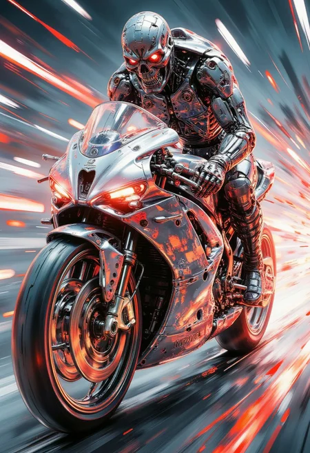 silhouette art, chiascuro, steampunk, a_skynet_cyberdyne_systems_craft, the image is featuring a terminator endoskeleton, sitting on a silver powerful sports motorcycle with a fairing, adorned with intricate, metallic details and mechanical components, giving it a highly advanced, industrial look, with glowing red diodes and LEDs, glowing headlights, travelling at speed on a cyberpunk superhighway with neon lights and sound, motion blur on the background and wheels, directional lighting