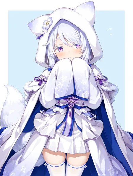 masterpiece,best quality,very aesthetic,absurdres,
1girl,solo,<lora:Uranami_AZ_illuV01_b6g1:1>,purple eyes,white hair,swept bangs,sidelocks,blue bow on sidelocks,white eyelashes,white flower ornament,japanese clothes,blue lapels,white fur trim cape,purple striped ribbon,purple tassel,white fox ear hood,neck bell,long gradient sleeves,wide sleeves,layered sleeves,sleeves past fingers,white gradient overcoat,layered overcoat,floral print,blue-trimmed white sash,white obi,white pleated skirt,white frilled overskirt,white fox tail,white ribbon trim thighhighs,
standing,hands on own face,