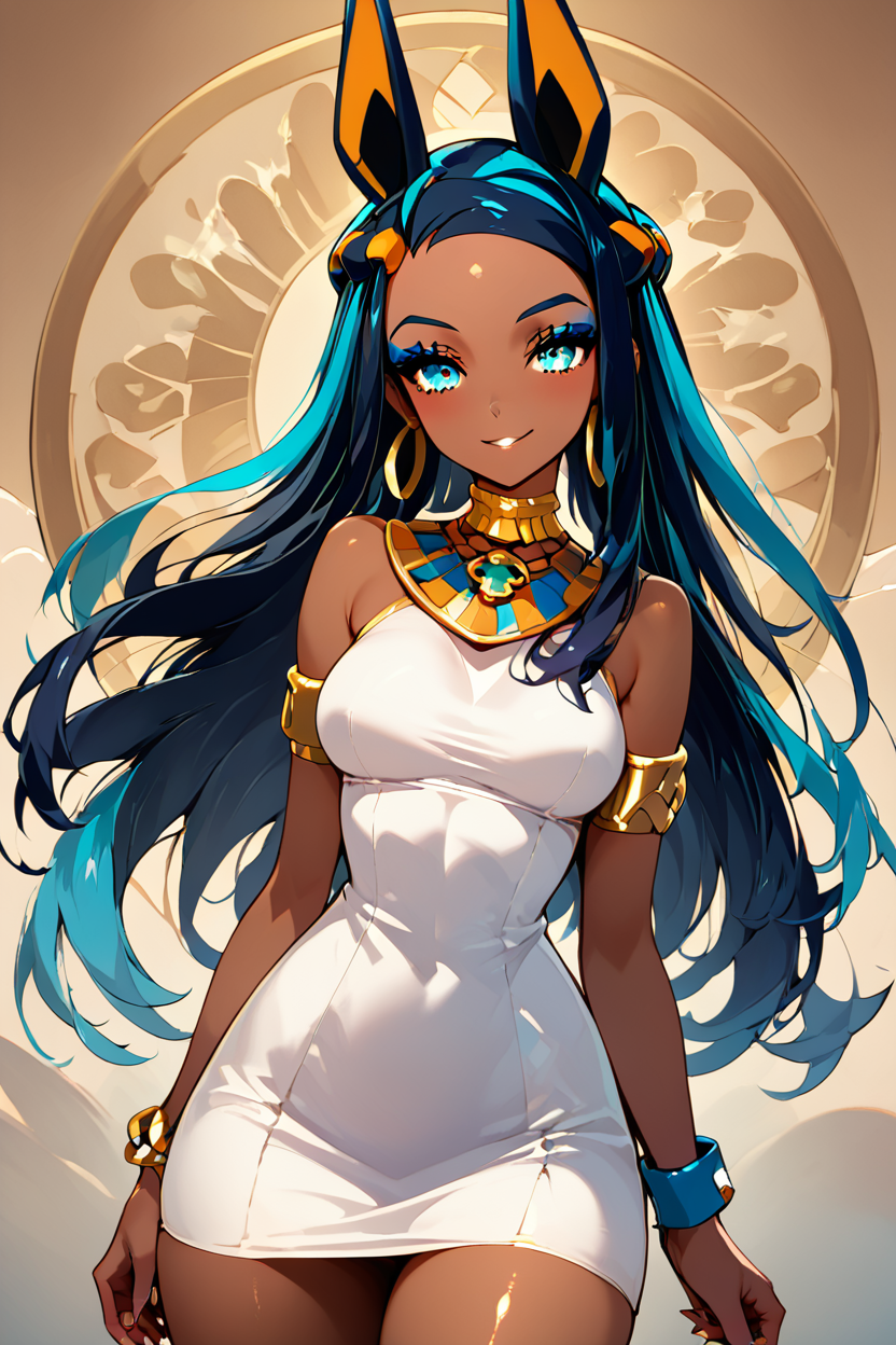 score_9, score_8_up, score_8, medium breasts, (curvy), cute, eyelashes,       ,,, , aaAnuNessaCitron, blue eyes, eyeshadow, animal ears, black hair, blue hair, hair bun, long hair, multicolored hair, two-tone hair, dark skin, forehead, sidelocks,  dress, bare shoulders, jewelry, earrings, white dress, armlet, hoop earrings, bracelet,  <lora:AnubisNessaPDXL:1.0>, , BREAK, smile, looking at viewer, ,,, abstract background, white outline, cowboy shot, ,,, embedding:zPDXL, Expressiveh, ,,, <lora:CatalystStylePDXL:0.6>, <lora:SDXLFaeTastic2400:0.5>, <lora:Expressive_H-000001:0.4>,