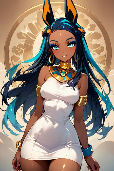 score_9, score_8_up, score_8, medium breasts, (curvy), cute, eyelashes, ,,, , aaAnuNessaCitron, blue eyes, eyeshadow, animal ears, black hair, blue hair, hair bun, long hair, multicolored hair, two-tone hair, dark skin, forehead, sidelocks, dress, bare shoulders, jewelry, earrings, white dress, armlet, hoop earrings, bracelet, <lora:AnubisNessaPDXL:1.0>, , BREAK, smile, looking at viewer, ,,, abstract background, white outline, cowboy shot, ,,, embedding:zPDXL, Expressiveh, ,,, <lora:CatalystStylePDXL:0.6>, <lora:SDXLFaeTastic2400:0.5>, <lora:Expressive_H-000001:0.4>,