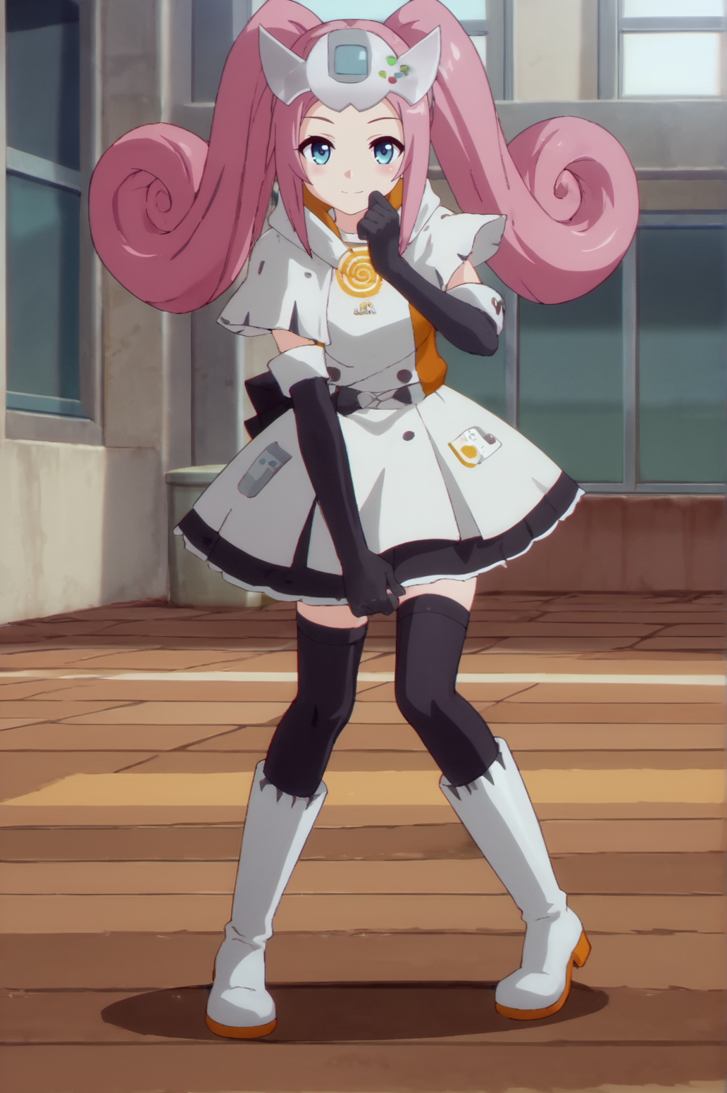 score_9, score_8_up, score_7_up,anime_source, source_anime, best background, detailed background, anime screencap,  Dreamcast, 1girl, black gloves, game console, gloves, looking at viewer, solo, dress, elbow gloves, blush, seductive smile, skirt, white boots, black thighhighs, dancing, arm up,  indoors, <lora:JN_Arknights_Anime_Artstyle:0.8> <lora:JN_Dreamcast:0.8>