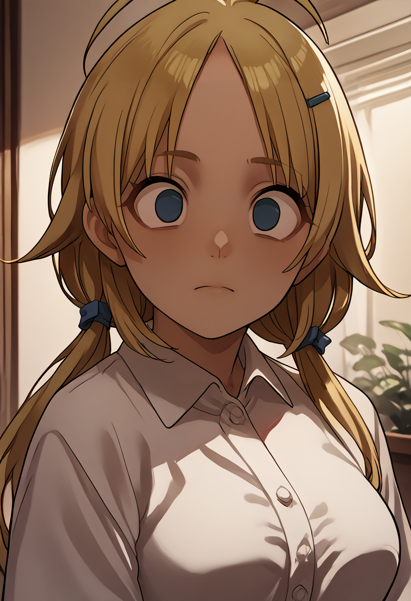 score_9, score_8_up, score_7_up, source_anime, zPDXL3, 
1girl, solo, upper body, looking at you, indoors,
<lora:crossed_eyes_pony:0.7> crossed eyes, empty eyes, 
 <lora:HachimiyaMeguru_pony_v1:0.8> hcmymgr,, hcmymgr, long hair, blonde hair, low twintails, ahoge, bangs, hairclip, hair ribbon, blue eyes, large breasts,, score_9, score_8_up, score_7_up, source_anime,