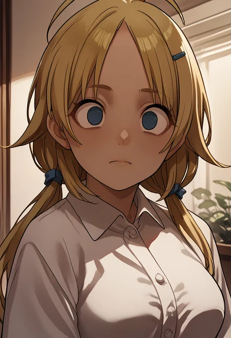 score_9, score_8_up, score_7_up, source_anime, zPDXL3, 
1girl, solo, upper body, looking at you, indoors,
<lora:crossed_eyes_pony:0.7> crossed eyes, empty eyes, 
 <lora:HachimiyaMeguru_pony_v1:0.8> hcmymgr,, hcmymgr, long hair, blonde hair, low twintails, ahoge, bangs, hairclip, hair ribbon, blue eyes, large breasts,, score_9, score_8_up, score_7_up, source_anime,