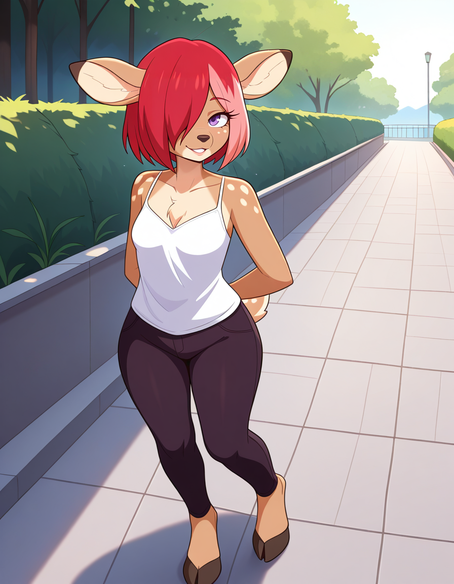 masterpiece, best quality, very aesthetic, absurdres,
outdoors, casual, 
full body, standing, posing, 
seductive smile, parted lips, long eyelashes,
<lora:Allie_v01_NAIXL:1>
A11lie,1girl,solo,furry,furry female,deer ears,short hair,red hair,pink hair,hair over one eye,purple eyes,snout,animal nose,body fur,brown fur,deer tail,hooves,