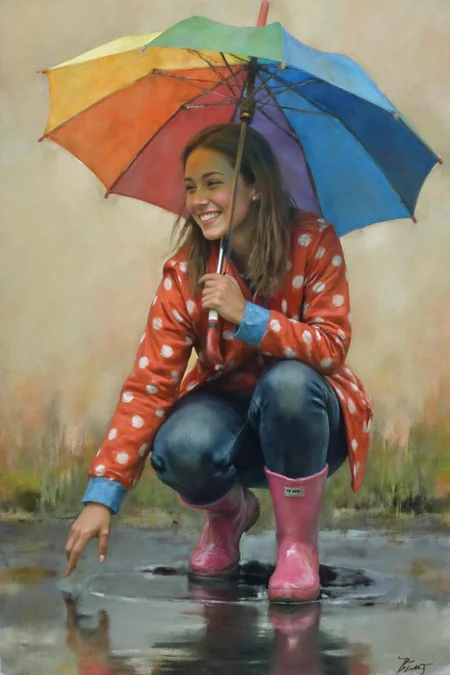 painting. 
A young woman, angled from slightly above and to the right, crouching low to the ground in a puddle. The young woman is wearing bright pink rubber boots and a red jacket with white polka dots. The jacket sleeves are pushed up to reveal blue cuffs. The young woman also wears dark blue jeans and has a smile on her face as she extends her right index finger to touch the water in the puddle. Above the young woman is a large, open umbrella with rainbow-colored panels and a red handle.  <lora:billbate1_cap_d8a4e12:1.0><lora:852960861147376433:0>