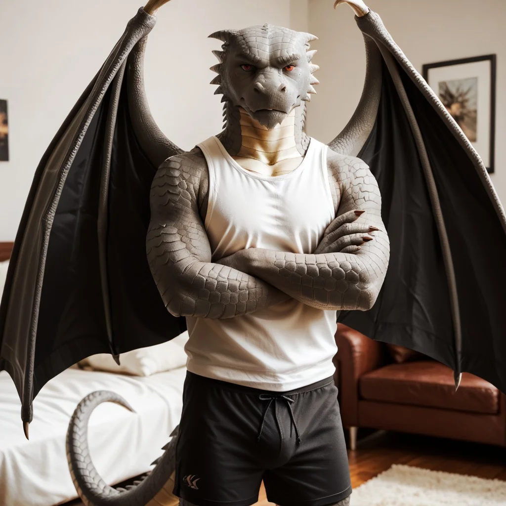 score_9, score_8_up, score_7_up, score_6_up, score_5_up, score_4_up, masterpiece, high quality, realistic, detailed, best quality, solo, rating_safe, source_furry, bedroom, standing, grumpy, angry, growling at viewer, detailed eyes, good_hands, anthro, maverick_awsw, dragon, gray scales, tail, scales, hands, red eyes, 1boy, male, wings, crossed arms, wearing boxers, close up, wearing plain white singlet