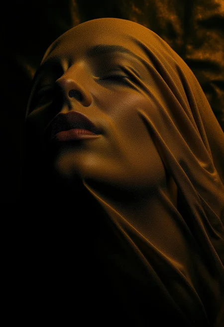 a shot from above of a female face obscured with a golden veil, there are only the face and the flowing fabric visible, everything else is submerged into black tar-like substance that consumes all the light creating dark and ethereal atmosphere