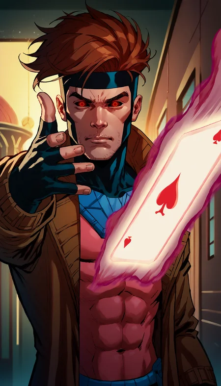 score_9, score_8_up, score_7_up, score_6_up, score_5_up, score_4_up, comic art style, dskheroes, EminemThrowingMeme, motion lines, motion blur, throwing, throwing card, Dsk_Remy_Lebeau, 1boy, bodysuit , auburn hair, black sclera, card, coat, colored sclera, fingerless gloves, gloves, glowing, headband, male focus, red eyes, solo, trench coat, magic, extreme light and shadow, upper body, detailed eyes, portrait photography, cinematic lighting, cinematic angle, <lora:Pony\random_characters\Gambit_X-men_97__Comics_PDXL.safetensors:0.8:0.8> <lora:Pony\details\Pony_DetailV2.0.safetensors:1.5:1.5> <lora:Pony\memes\EminemThrowingMeme_pdxl_Incrs_v1.safetensors:1.0:1.0> <lora:Pony\Style\Heroes_Style.safetensors:0.98:0.98>