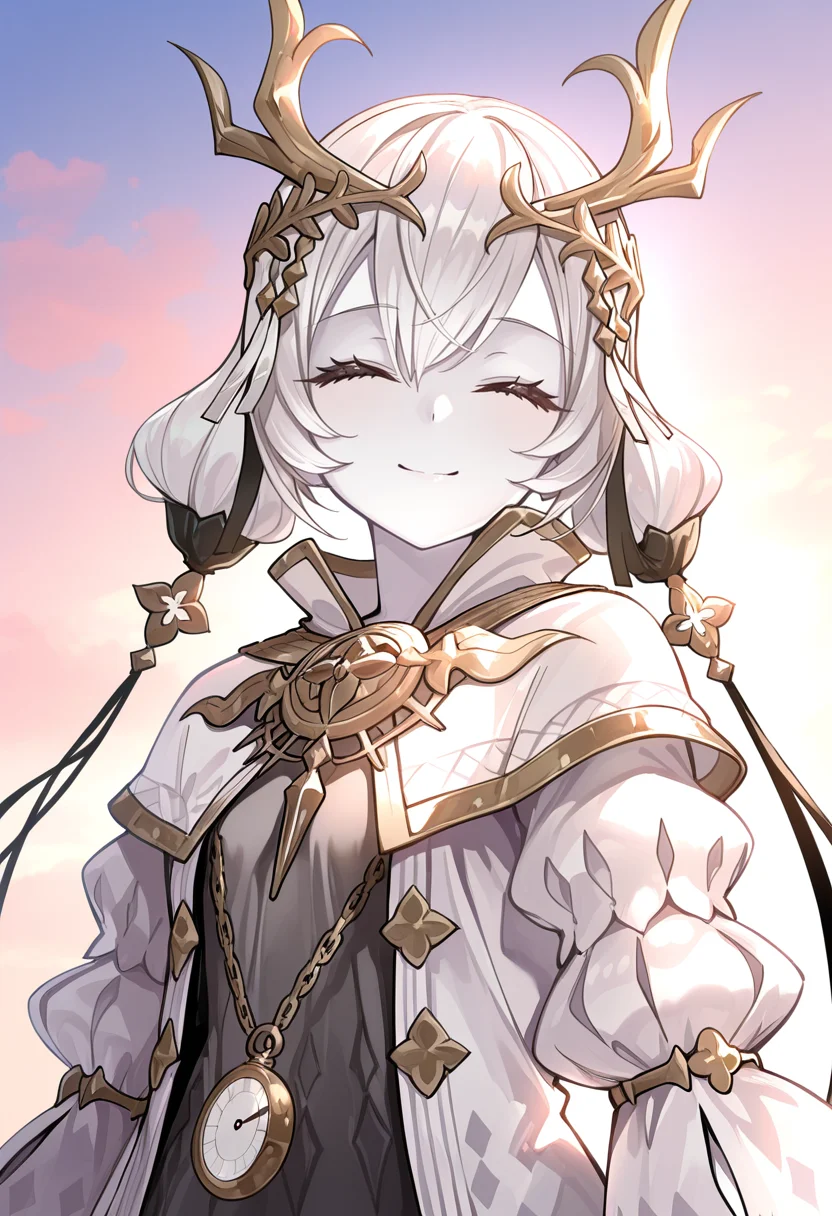 1girl, sole, masterpiece, best quality, high quality, kara ideasu(ryza), white hair, short hair, hair ornament, pale skin, grey dress, white coat, pendant watch,upper body, looking at viewer, close eyes, smile, close mouth, sky, sun