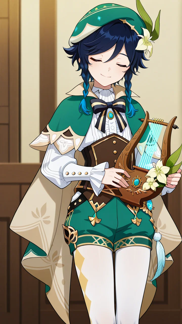 masterpiece, best quality, amazing quality, very aesthetic, absurdres, newest, anime screencap, <lora:ventiILM:1>, venti (genshin impact), short hair with long locks, aqua hair, blue hair, black hair, braid, gradient hair, twin braids, side braids, androgynous, beret, vest, collared cape, green hat, green cape, cecilia flower (genshin impact), green shorts, hat flower, white flower, hair flower, hair ornament, black bow, bow, bowtie, frilled sleeves, frills, long sleeves, striped bow, white pantyhose, pantyhose under shorts, white shirt, bard, lyre, smile, solo, playing instrument, closed eyes, instrument,