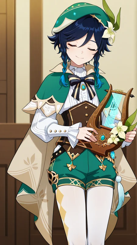 masterpiece, best quality, amazing quality, very aesthetic, absurdres, newest, anime screencap, <lora:ventiILM:1>, venti (genshin impact), short hair with long locks, aqua hair, blue hair, black hair, braid, gradient hair, twin braids, side braids, androgynous, beret, vest, collared cape, green hat, green cape, cecilia flower (genshin impact), green shorts, hat flower, white flower, hair flower, hair ornament, black bow, bow, bowtie, frilled sleeves, frills, long sleeves, striped bow, white pantyhose, pantyhose under shorts, white shirt, bard, lyre, smile, solo, playing instrument, closed eyes, instrument,