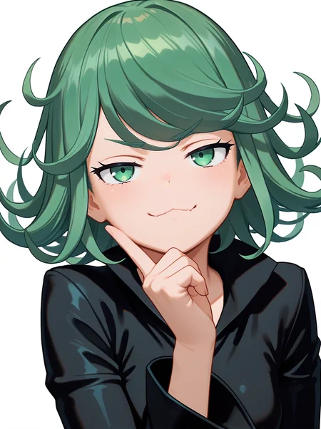 masterpiece, best quality, amazing quality, very aesthetic, absurdres, newest, <lora:Xeno2StyleV2:1>xeno2style tatsumaki, smug, half-closed eyes, upper body, smile wavy mouth, :3 simple background, white background, solo
