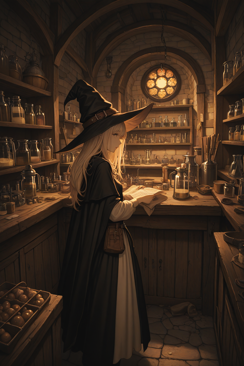 masterpiece, best quality, amazing quality, witch,  lineart, clothed, medieval laboratory, solo,