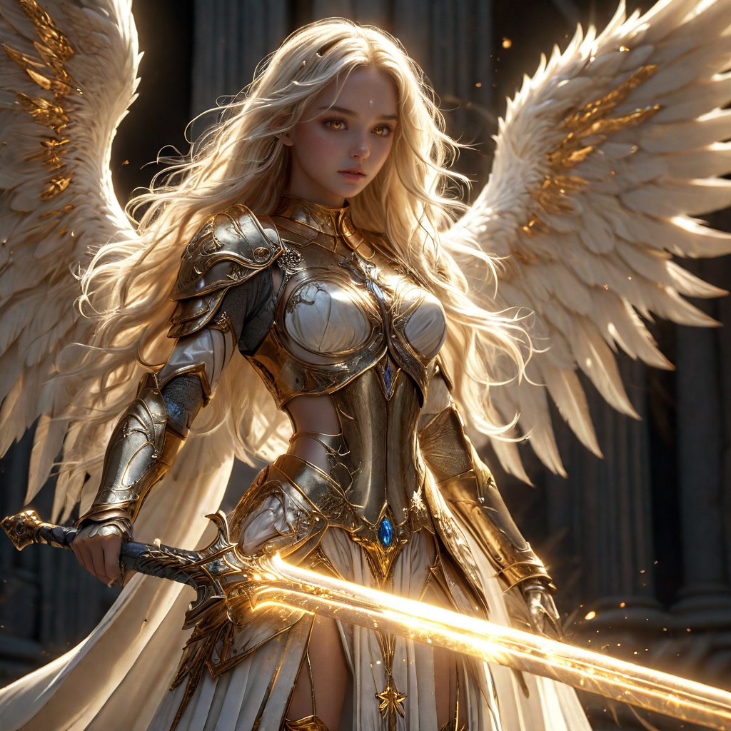 1beautiful angel girl,organic wires,detailed skin,metal skin,realistic,intense shadows,darkness,sun,sparks,bra,bracelet,white skin,(golden very long hair:1.5),sweet,<lora:FantasyKnightsHKStyle:0.8>,HKStyle,<lora:add-detail-xl:1>,<lora:DetailedEyes_V3:1>,glowing pupils(gold:1.5),[gold:cross:ivory],angel,palce,lens_flare,background light,((wings(metal, blades))),sword(stick in ground, scattered),full body,((((holy light)))),, (masterpiece),(best quality), wallpaper, extreme detail