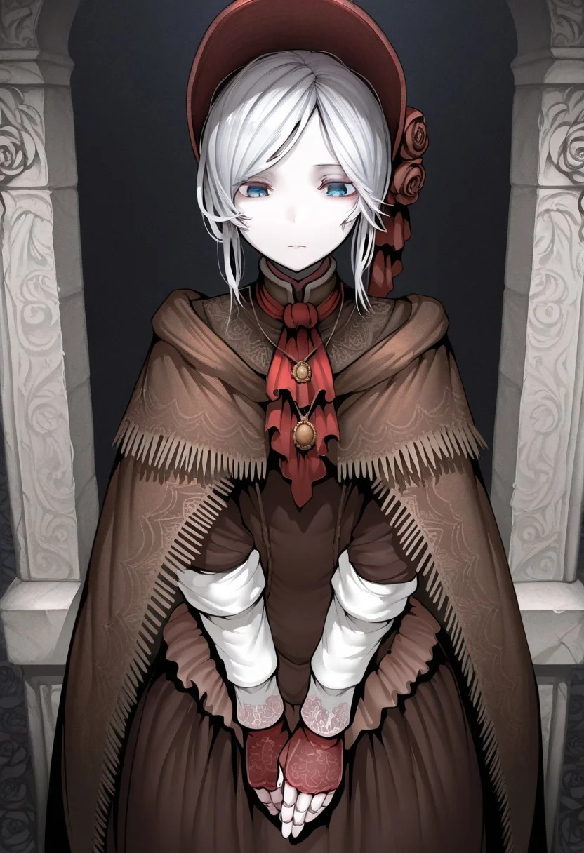 masterpiece,best quality,amazing quality,b0tamotit0,1girl, solo,pldll, white hair, short hair, swept bangs, blue eyes, pale skin, doll joints,hat flower, rose, bonnet, pendant, red ascot, brown cloak, brown dress, long dress, long sleeves, white sleeves, red gloves, fingerless gloves