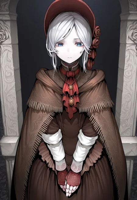 masterpiece,best quality,amazing quality,b0tamotit0,1girl, solo,pldll, white hair, short hair, swept bangs, blue eyes, pale skin, doll joints,hat flower, rose, bonnet, pendant, red ascot, brown cloak, brown dress, long dress, long sleeves, white sleeves, red gloves, fingerless gloves