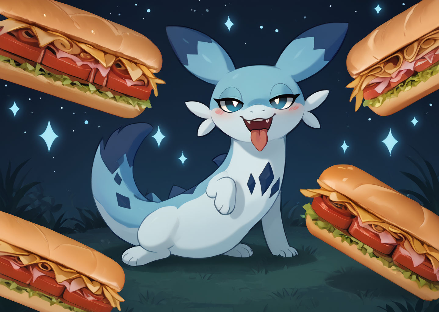 score_9, score_8_up, score_7_up, score_6_up, score_5_up, score_4_up, feral chillet licking a sandwich, tongue, freshcock, eatfresh, behaving like a cat, blue body, full body, show accurate, cute, dark blue diamond chest markings, lush, bedroom eyes, starry background, epic<lora:chillet-v3e10:1>,<lora:EatfreshPDXL:1>